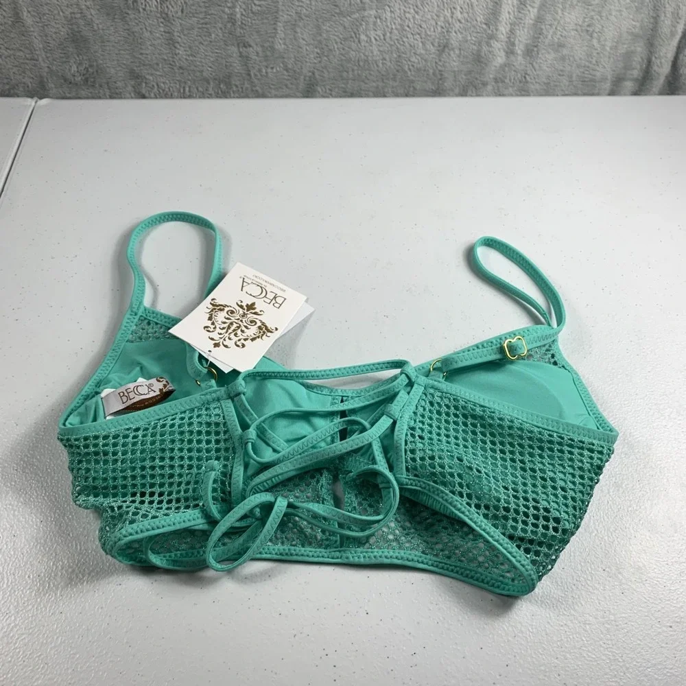Becca Women's Swim Top Small Green Mesh‎ Network Cami Bikini Removable Cup NWT